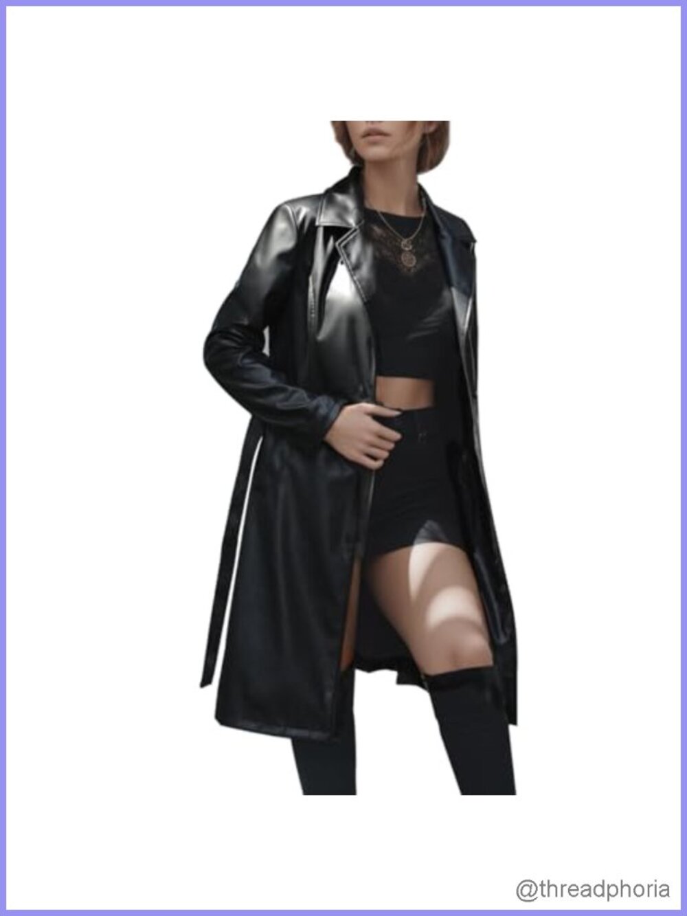 PU Leather Trench Coat Long Belted Classic Lapel Zipper Fall Winter